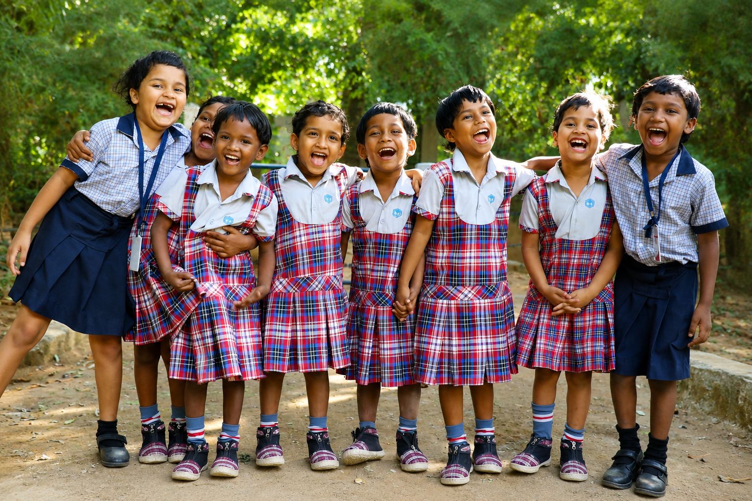 Children at Prema Jyothi laughing together, arms around one another